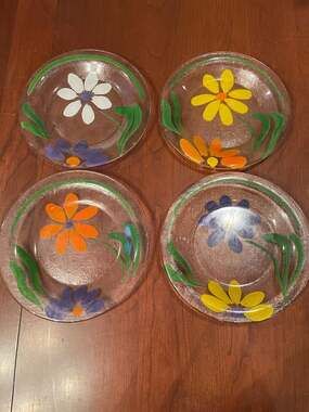 Set of 4 Hand-Painted Floral Textured Glass Salad Plates